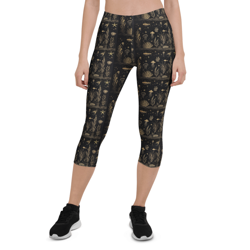 fish+coral blk gold athletic capri + top combo set for women