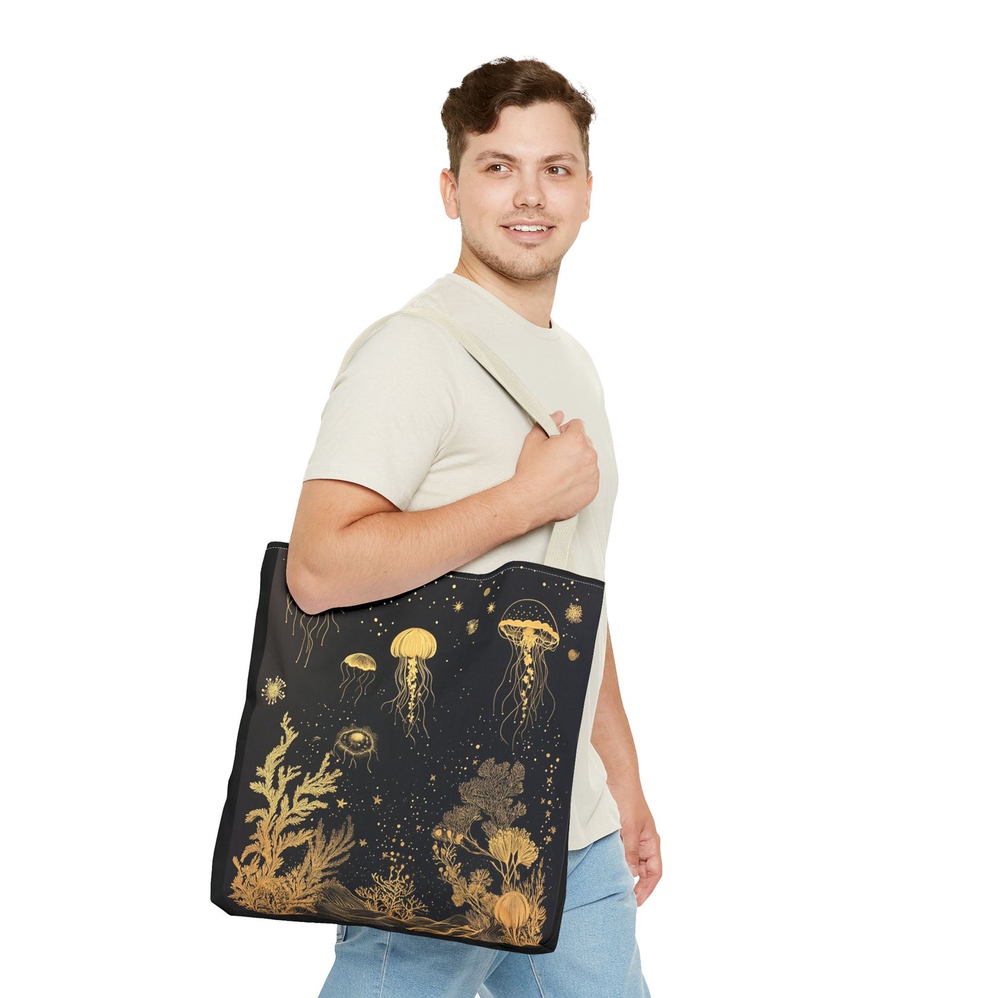 black gold fish and coral tote bag 18"