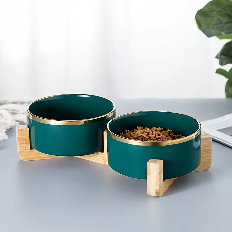 set of two raven double dog bowl emerald / navy gold double bowls with wood stand