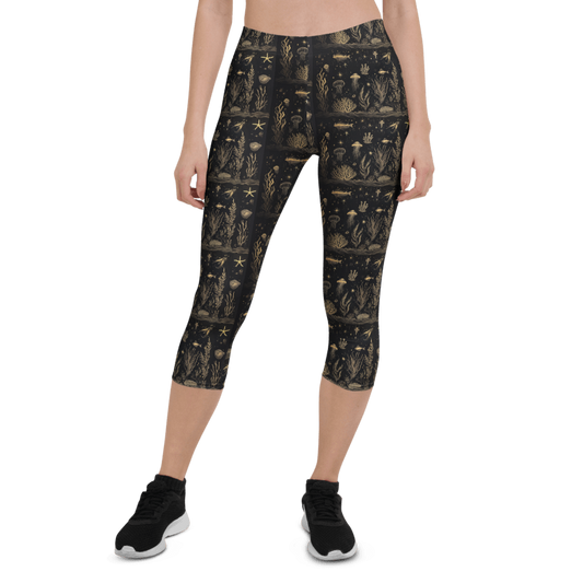 fish+coral blk gold athletic capri + top combo set for women